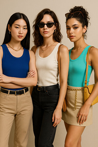 Rich Women's 3-Pack Navy Blue-White-Turquoise Zero Sleeve Camisole Bodysuit-Crew Neck 100% Cotton Undershirt Blu