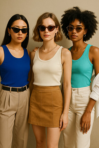 Rich Women's 3-Pack Navy Blue-White-Turquoise Zero Sleeve Camisole Bodysuit-Crew Neck 100% Cotton Undershirt Blu