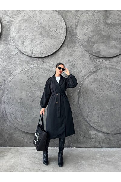 Genel Markalar Kadın Siyah Kemerli Uzun Trenchcoat Şık & Minimal Tasarım
