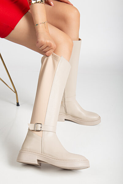 Entella Store Γυναικείες μπότες με λεπτομέρεια με αγκράφα σε μπεζ δέρμα