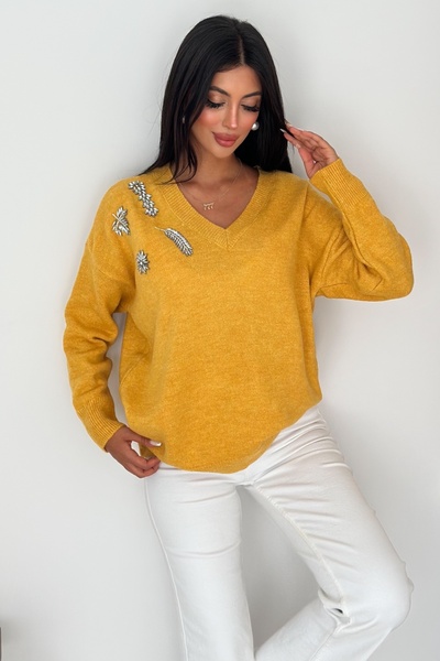 FEMELLE Hardal Taş İşlemeli Oversize Triko Kazak Standart Beden