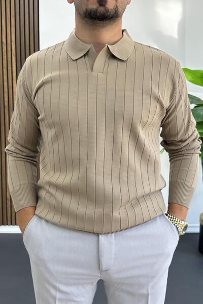 Edwox Men's Open Collar Regular Fit Sweater Mink Edw412