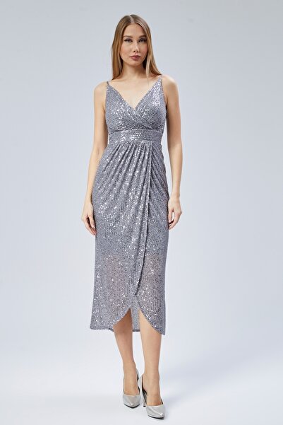 Asees Women's Evening Dress and Graduation Double Breasted Neckline with Rope Strap Sequin Evening Dress