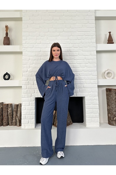 OTAKU Women's Drawstring Long Sleeve Crop Blouse and High Waist Wide Leg Pants Set