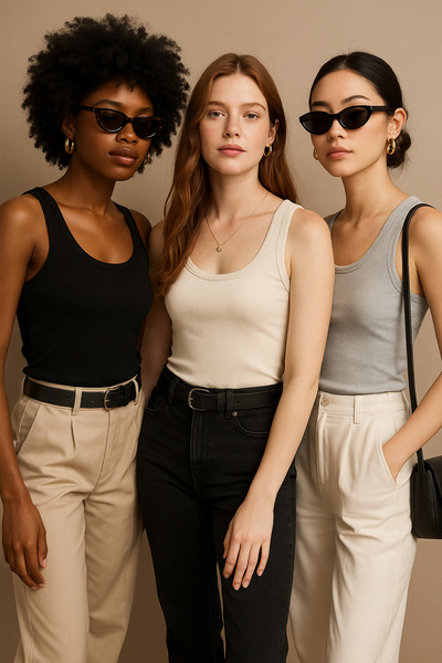 Rich Women's 3-Pack Black-White-Grey Zero Sleeve Camisole Bodysuit-Crew Neck 100% Cotton Tank Top Blouse