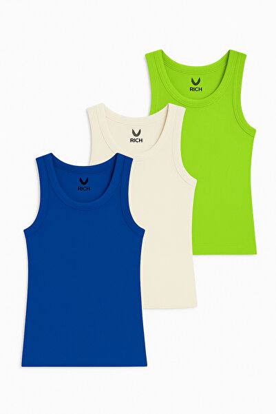 Rich Women's 3-Pack Saks Blue-White-Pistachio Green Zero Sleeve Camisole Bodysuit-Crew Neck 100% Cotton a