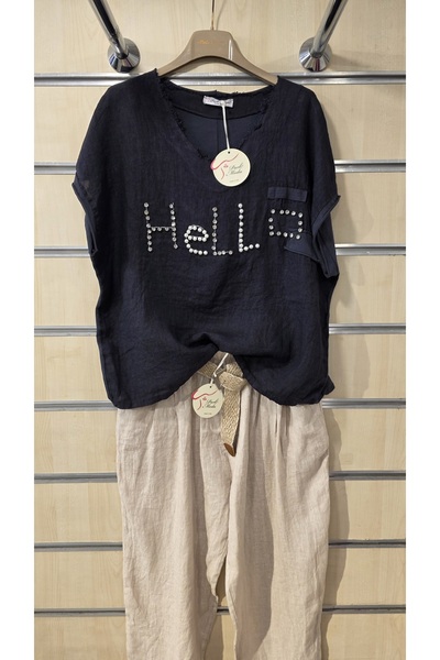 Park Moda Ιταλική λινό μπλούζα με πέτρες από πέρλες