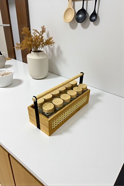 ANJEAHOME Sassari 12-Piece Glass & Bamboo Spice Rack Set + Rectangular Stylish Countertop Organizer Stand with Hazeran Finish