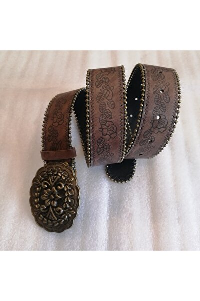 Butik Tülin Unisex otantik suni deri kahve çiçek baskılı bronz boncuklu antik çiçekli kovboy tokalı kemer