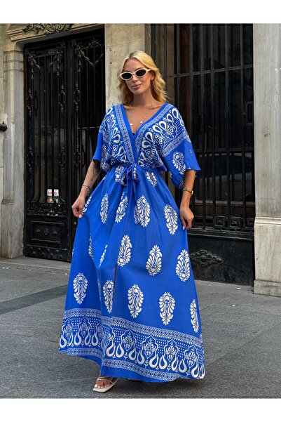 Tubik Rochie de damă cu decolteu în V, cu centură în talie, cu model gipeli