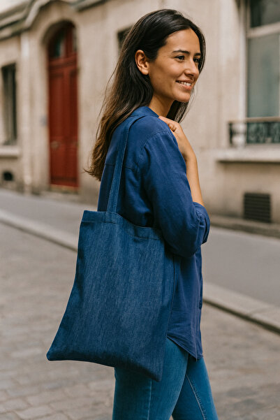 DENİMTİME İndigo Tote Bag - Hafif ve Şık Omuz Askılı Bez Çanta