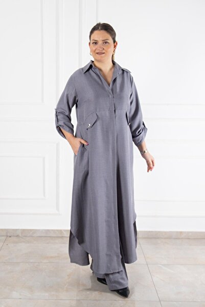 Bedrinxxl Kadın Büyük Beden Gri Uzun Gömlek Pantolon Cepli Düğmeli Tesettür T...