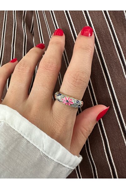 ringbox Gray Enamel Flower Pattern Adjustable Ring