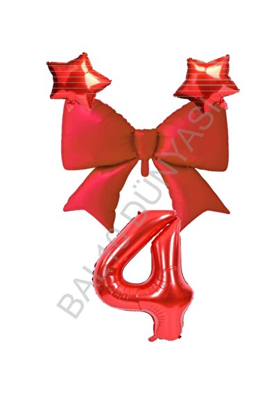 BAL10 DÜNYASI Red Color Star Bow Number Foil Balloon Set 4 Years Old