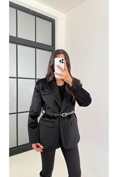 Gaus Black Lined Belted Plush Furry Jacket Gaus-00131