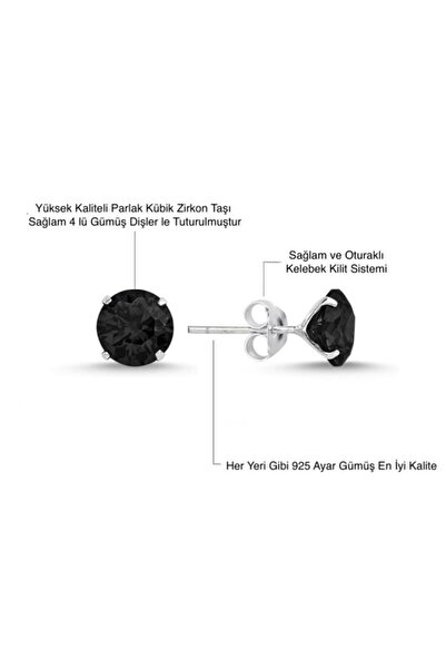 ASİL SİLVER ONLİNE 3 mm Siyah Yuvarlak Zirkon Taşlı 925 Ayar Gümüş Unisex Tek Taş Küpe (1 çift)