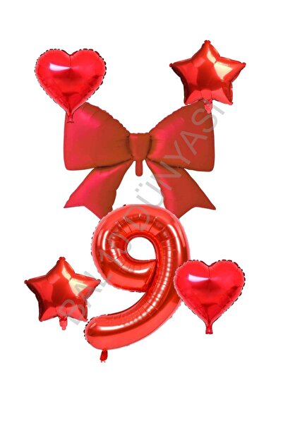 BAL10 DÜNYASI Red Color Heart Star Bow Number Foil Balloon Set Age 9