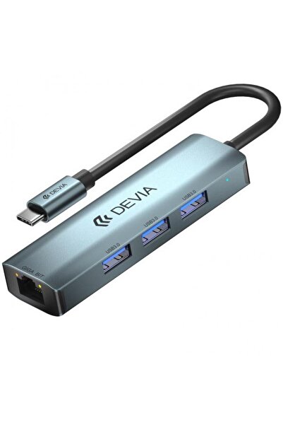 Devia USB-C хъб EC621, 3 x USB-A 3.0, 1 x RJ45 (Сив)