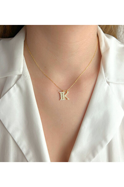 Şimal Silver 925 Ayar Gümüş Altın Kaplamalı Baget Taşlı - K - Harfi Kolye