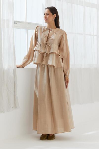 Shopping Shop Ruffled Blouse Skirt Set with Tie-Up Front Tas