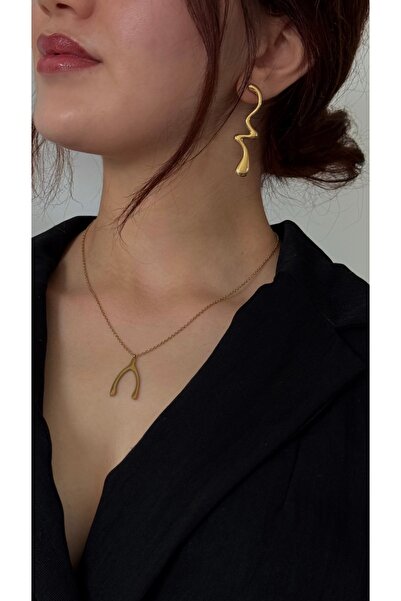 Home Sihra Accessories çelik dilek kemiği şans kolyesi gold renk
