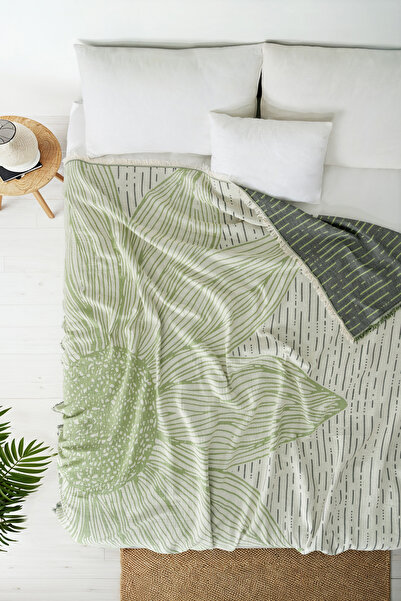 EVFENDİ Sunflower Yeşil 4 Katlı Jumbo Jakarlı Pano Desen Müslin Pike 185x215 ...