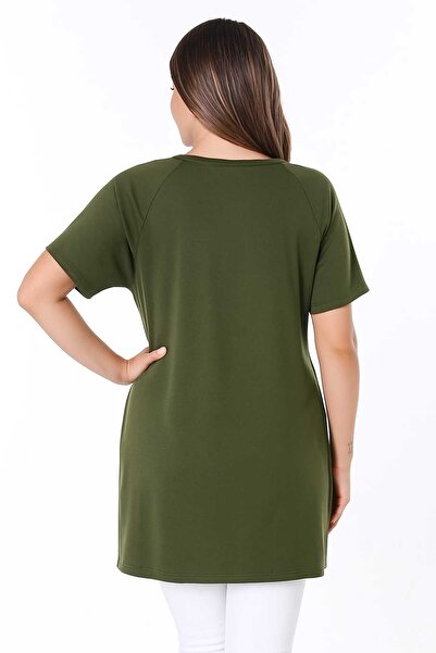 Şans Women's Plus Size Green, Raglan Sleeve, Front Zipper Detail Viscose Blouse 65N39136