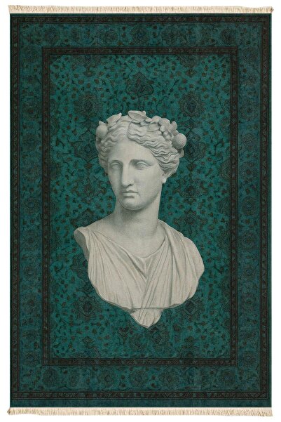 Markaev Zümrüt Yeşili Mitolojik Büst Tasarımlı Eskitme Dekoratif Dokuma Taban...