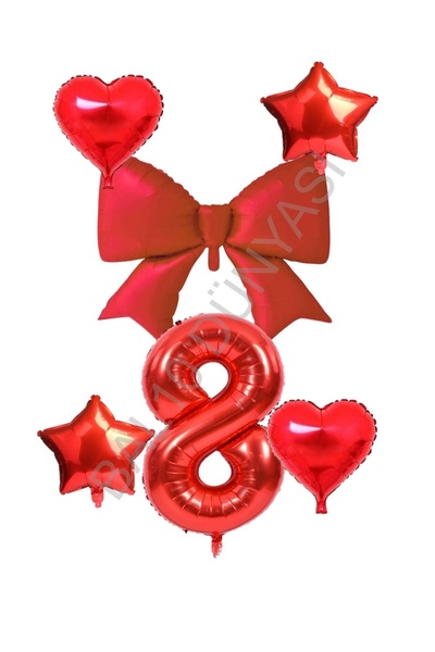 BAL10 DÜNYASI Red Color Heart Star Bow Number Foil Balloon Set Age 8