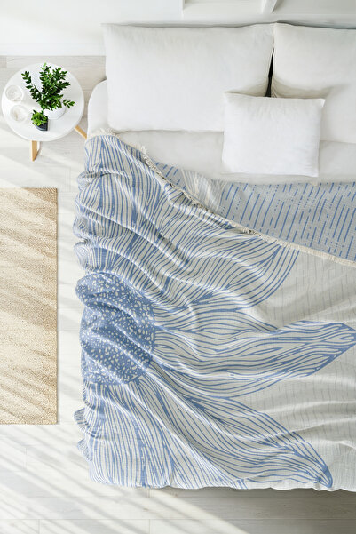 EVFENDİ Sunflower Mavi 4 Katlı Jumbo Jakarlı Pano Desen Müslin Pike 185x215 c...
