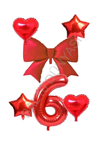 BAL10 DÜNYASI Red Color Heart Star Bow Number Foil Balloon Set Age 6