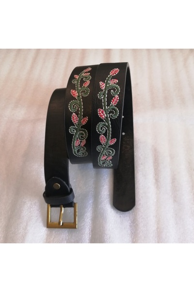 Butik Tülin حزام نسائي أصلي من الجلد الصناعي باللون الأسود متعدد الألوان مطرز...