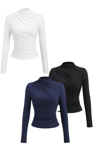 Cockatoo Bluză pentru femei NEGRU ALBASTRU MARIN ALB cu mâneci lungi cu șnur ...