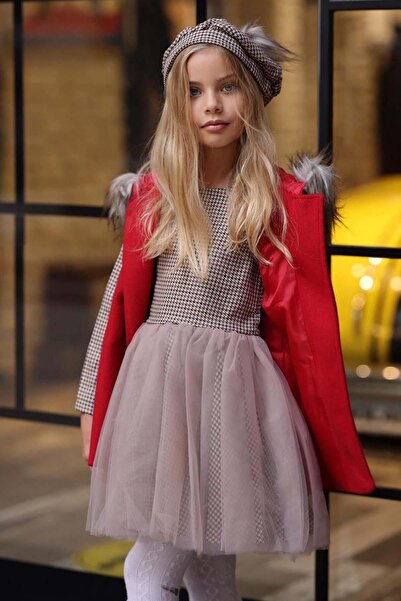 Riccotarz Rochie din tul cu model pătrat pentru fetiță, cu detaliu fără mâneci, roșu, cu broderie