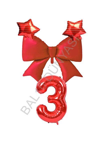 BAL10 DÜNYASI Red Color Star Bow Number Foil Balloon Set 3 Years Old