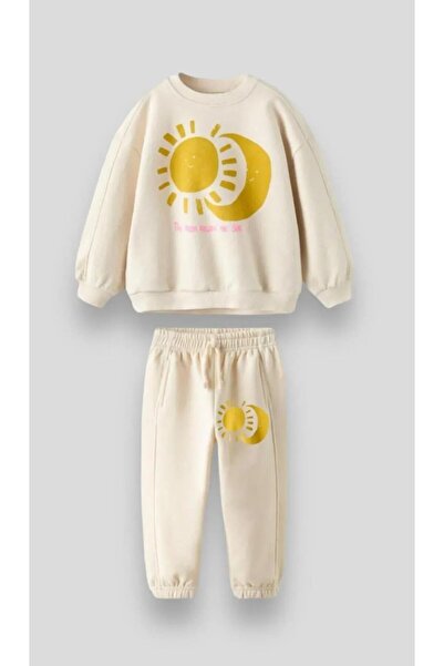 2kids2mom Boy's Ecru Sun Moon Cotton 3 Thread Brushed Fabric Top and Bottom Tracksuit Set