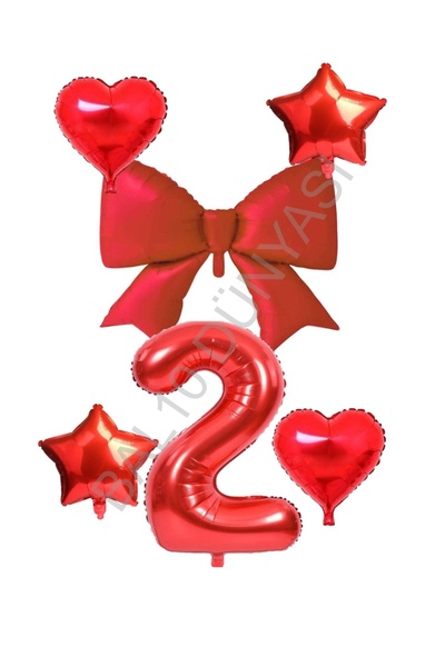 BAL10 DÜNYASI Red Color Heart Star Bow Number Foil Balloon Set Age 2