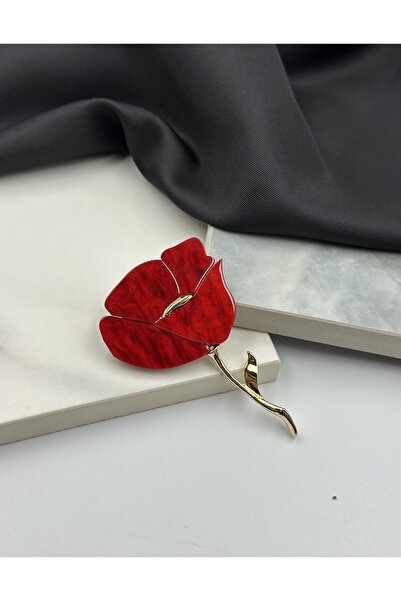 Genel Markalar Kırmızı Mineli Gelincik Çiçeği Figürlü Broş Yaka İğnesi