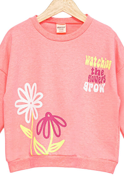 Divonette Girl's Sweatshirt Pink Long Sleeve Children's Sweatshirt with Letter and Floral Pattern