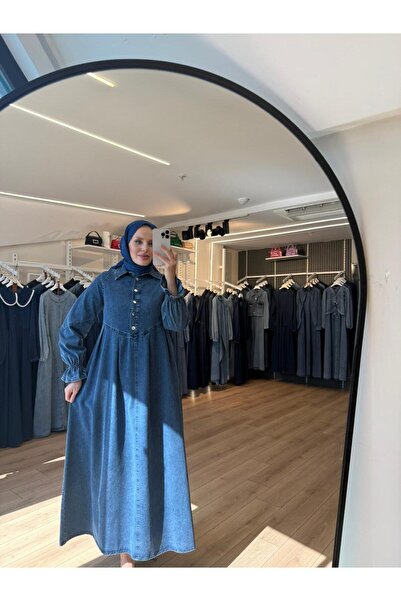 OlaLady Γυναικείο φόρεμα τζιν με κουμπιά μπροστά και λεπτομέρεια πλισέ