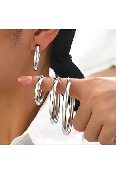 1PARÇAMAVİ 5cm Silver Color Thick Ring Clip-On Women's Earrings - Without Holes