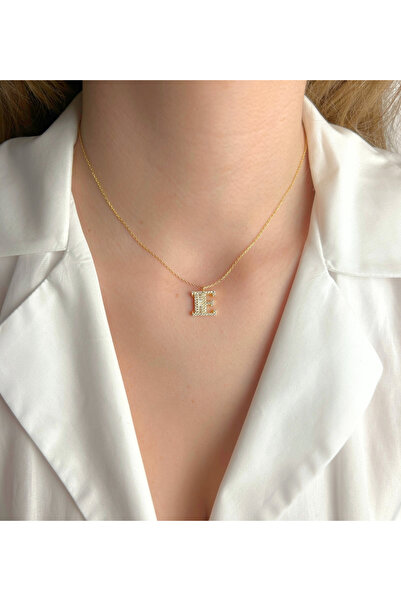 Şimal Silver 925 Ayar Gümüş Altın Kaplamalı Baget Taşlı - E - Harfi Kolye