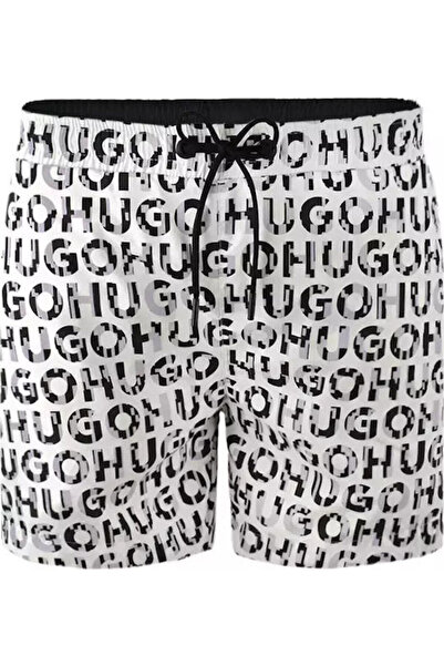 HUGO Men's Text Patterned Short Length White Swimsuit with Pockets 50535412-553
