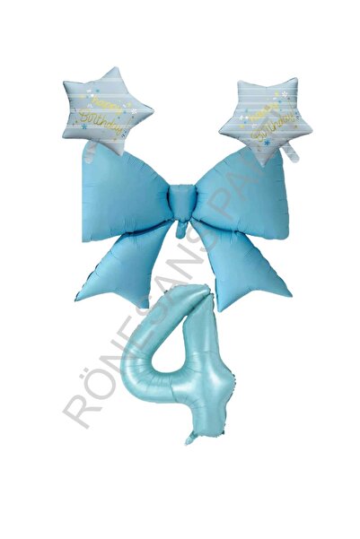 RÖNESANS PARTİ Blue Color Star Bow Number Foil Balloon Set Age 4