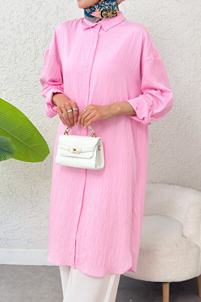 Salih Çelebi Çizgili Uzun Tesettür Tunik 613129 - PEMBE