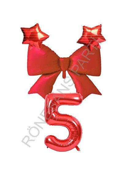 RÖNESANS PARTİ Red Color Star Bow Number Foil Balloon Set 5 Years Old