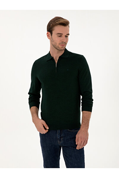 Cacharel Zümrüt Regular Fit Yün Karışımlı Fermuarlı Polo Yaka Basic Triko Kaz...