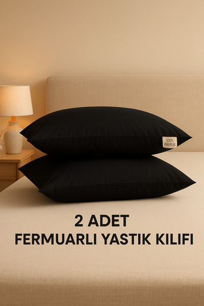 ÇIQRIK HOME 2 Adet %100 Pamuk Fermuarlı Yastık Kılıfı Siyah Renk