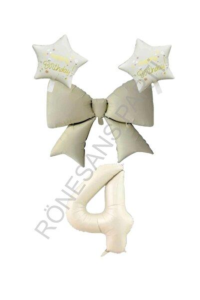 RÖNESANS PARTİ Cream Color Star Bow Number Foil Balloon Set 3 Years Old
