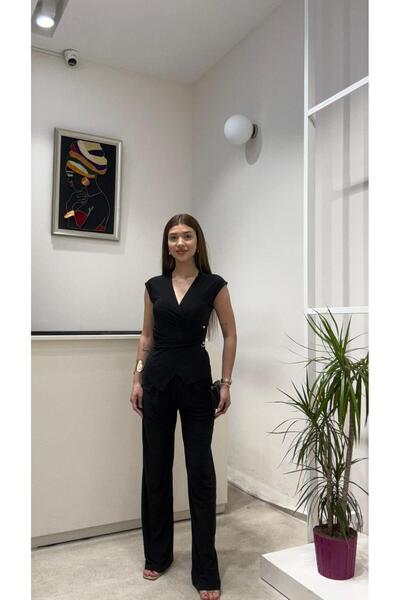 modadagiyim V-Neck Blouse and Palazzo Elastic Waist Sandy Fabric Pants Bottom Top 2-Piece Set